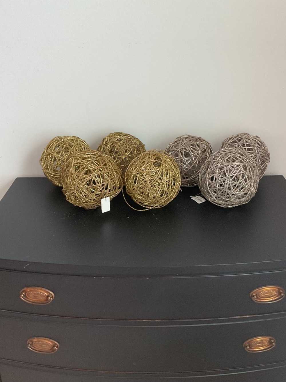 Pier 1 set of 7 Gold & Silver Glitter Round Wood Orbs Balls Holiday Decor